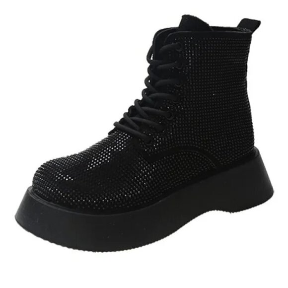 NEW BLACK SPARKLY LACE UP COMBAT BOOTS - Picture 1 of 6